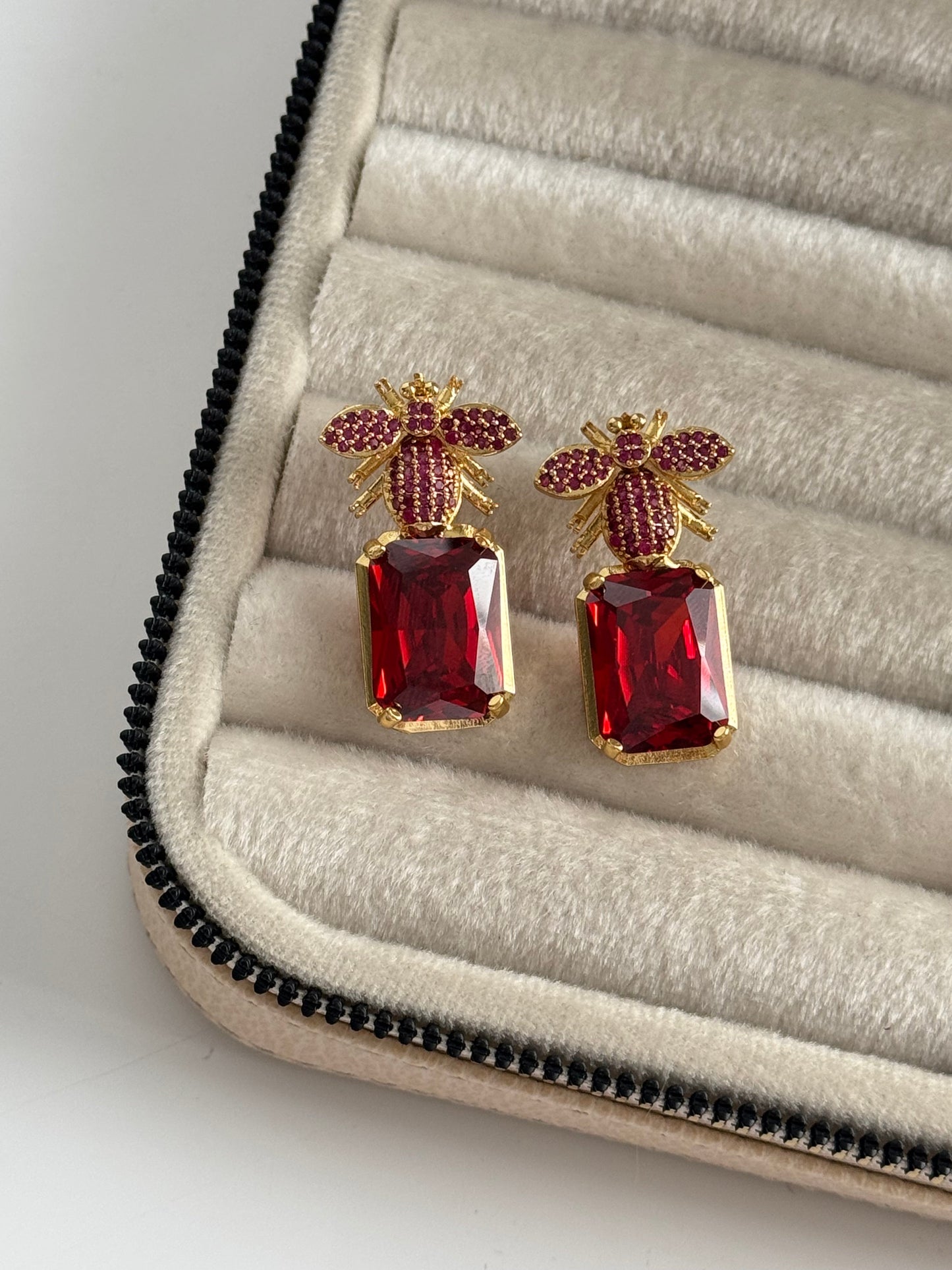 Stunning Red Stone Gold-Plated Earrings with Intricate Detail