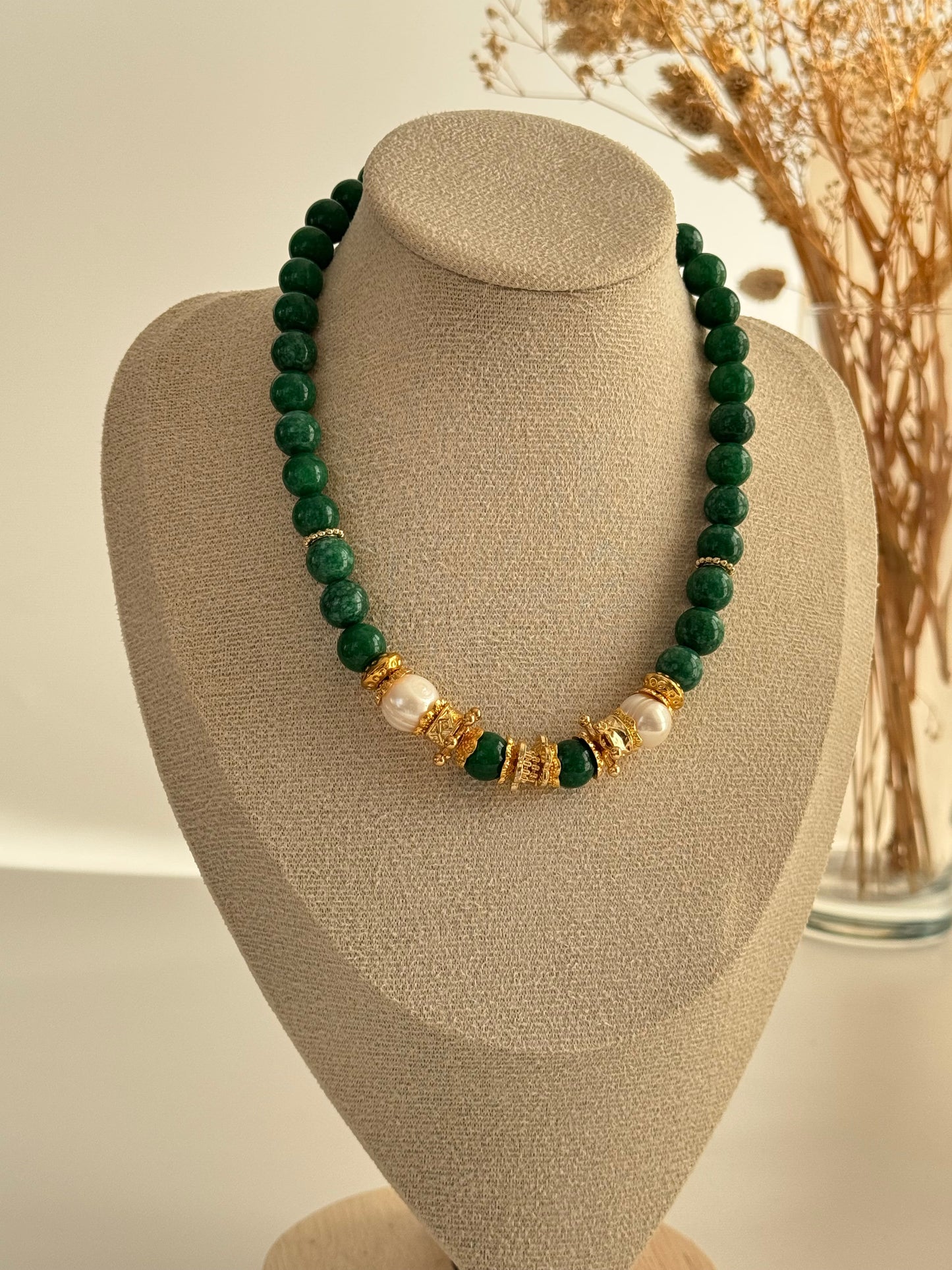 Elika Green Natural Stone Necklace with Real Pearls and Gold-Plated Accents