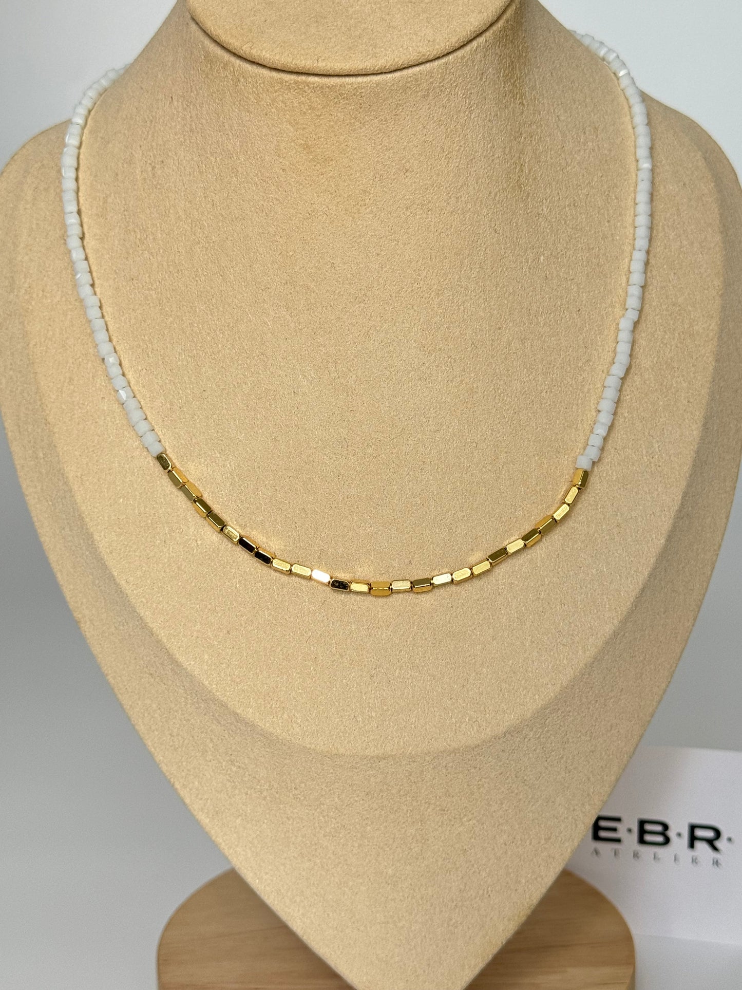 Elegant White Glass Bead Gold-Plated Detail Necklace