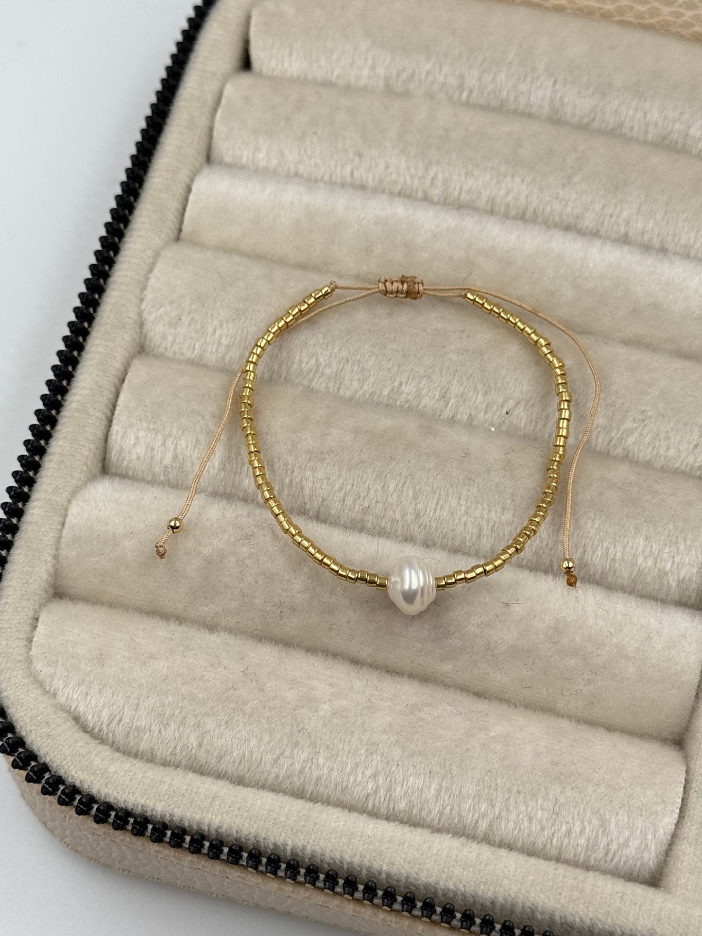 Adjustable Gold Glass Beaded Bracelet with Genuine Pearl Accents