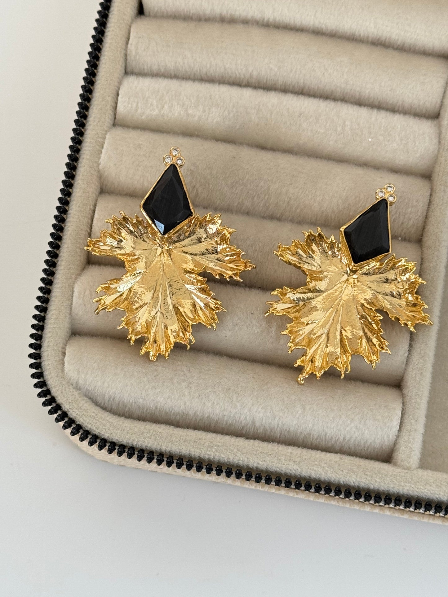 Natural Stone Detailed Leaf Gold-Plated Earrings