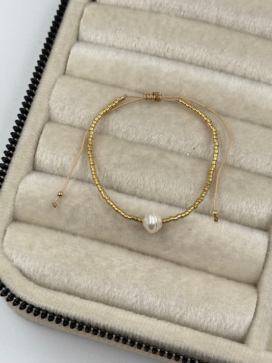 Adjustable Gold Glass Beaded Bracelet with Genuine Pearl Accents