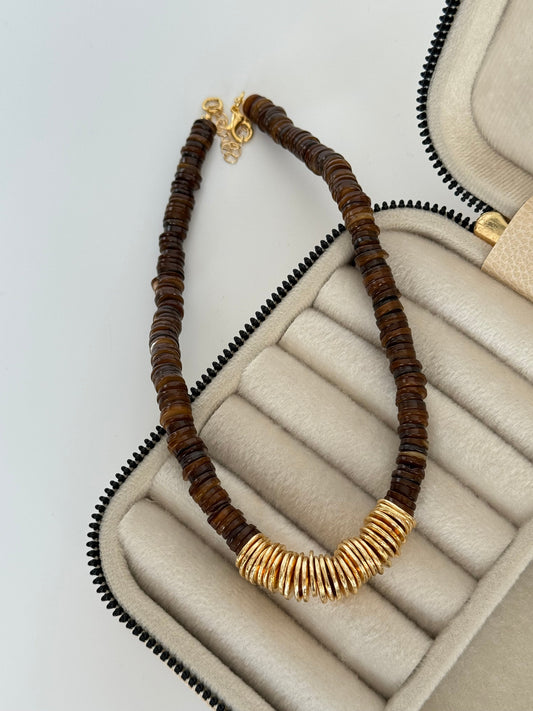 Brown Glass Bead Necklace with Elegant Gold-Plated Accents