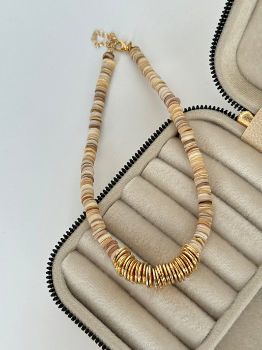 Gold-Plated Cream Glass Bead Necklace with Elegant Details