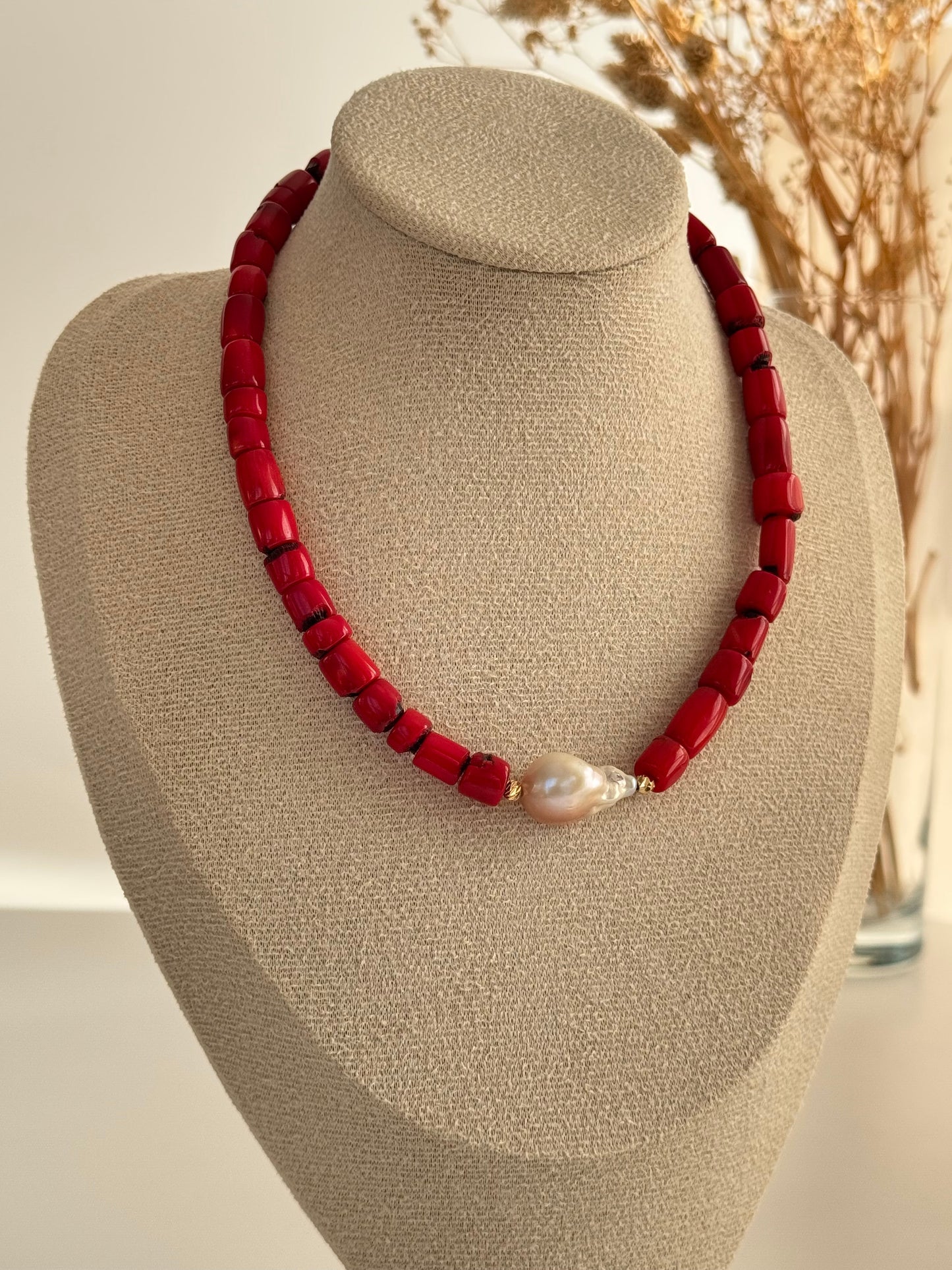 DELYA Coral Natural Stone Necklace with Intricate Pearl Details