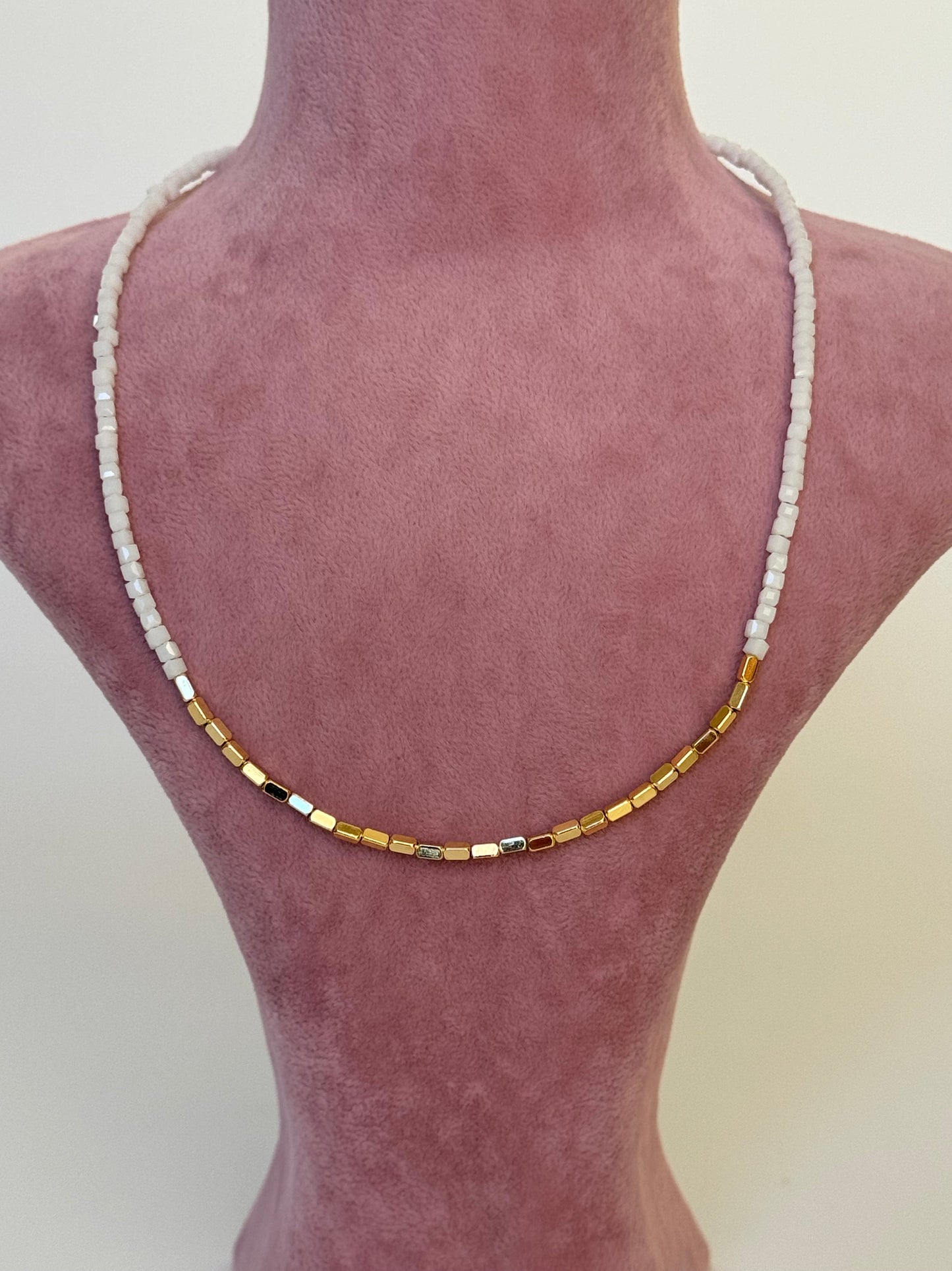 Elegant White Glass Bead Gold-Plated Detail Necklace