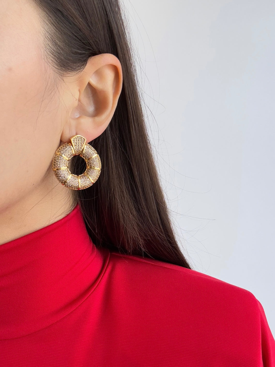 Stunning Gold-Plated Earrings with Zircon Stone and Intricate Halo Detail