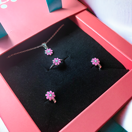 Charming Pink Daisy Silver Jewelry Set for Girls - Perfect Gift!