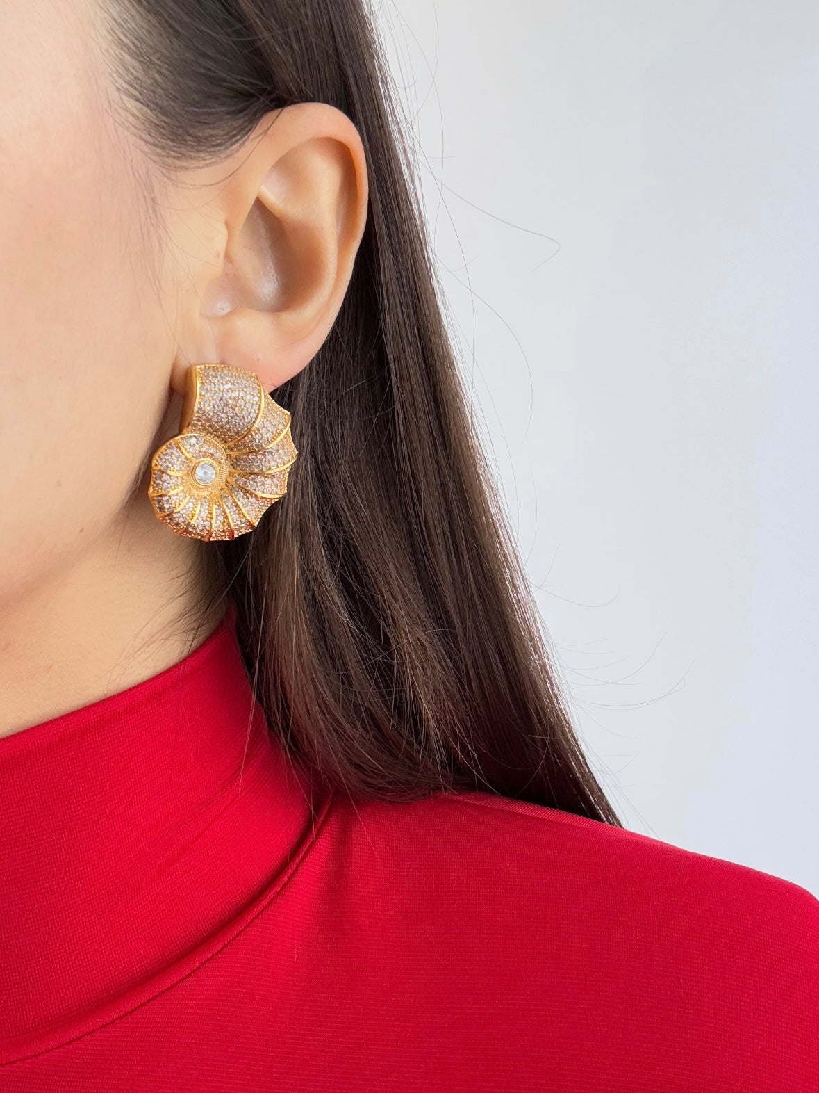 Seashell-Inspired Gold-Plated Earrings with Sparkling Stones