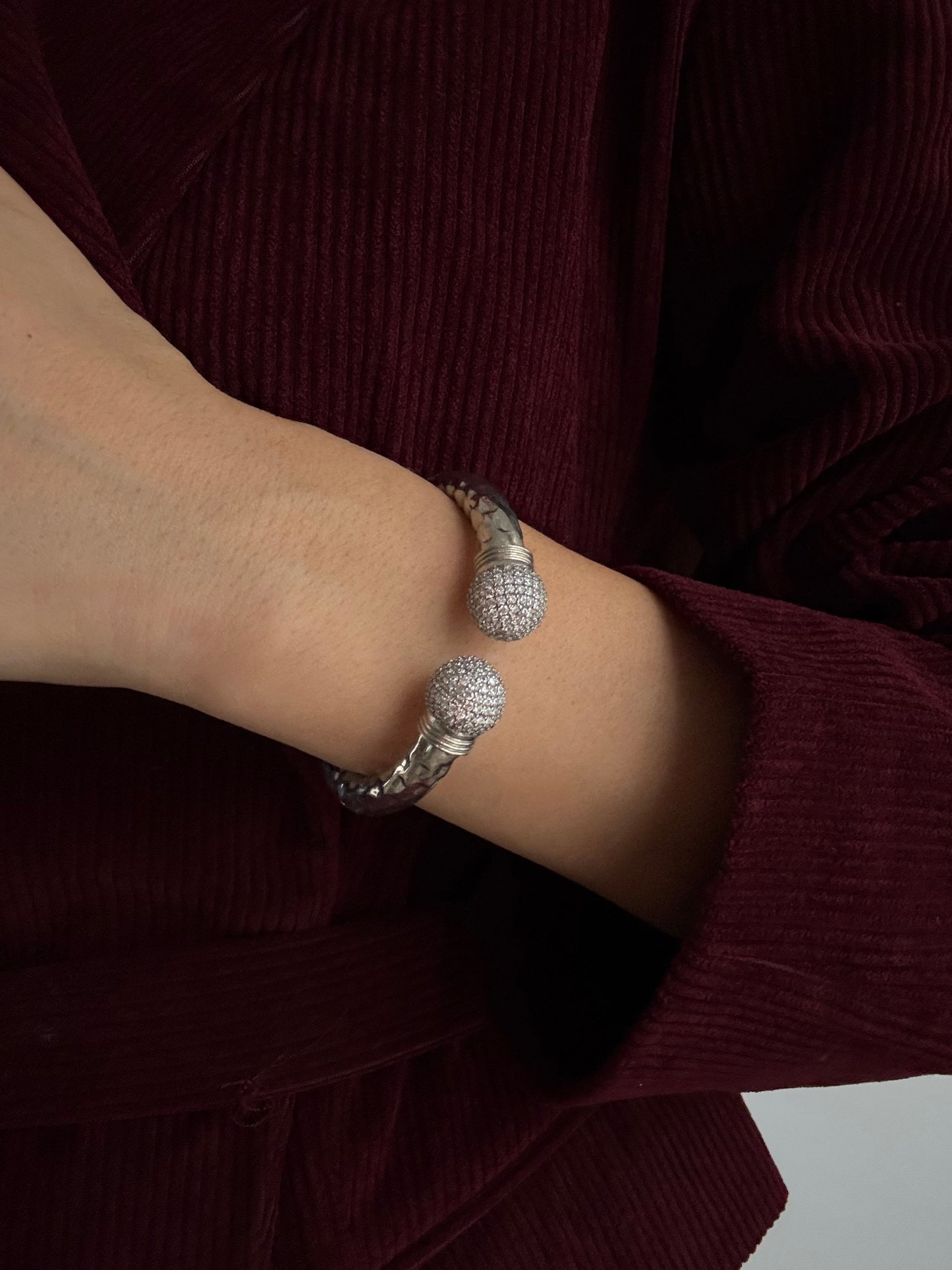 Adjustable Silver Cuff Bracelet with Sparkling Gold-Plated Stones