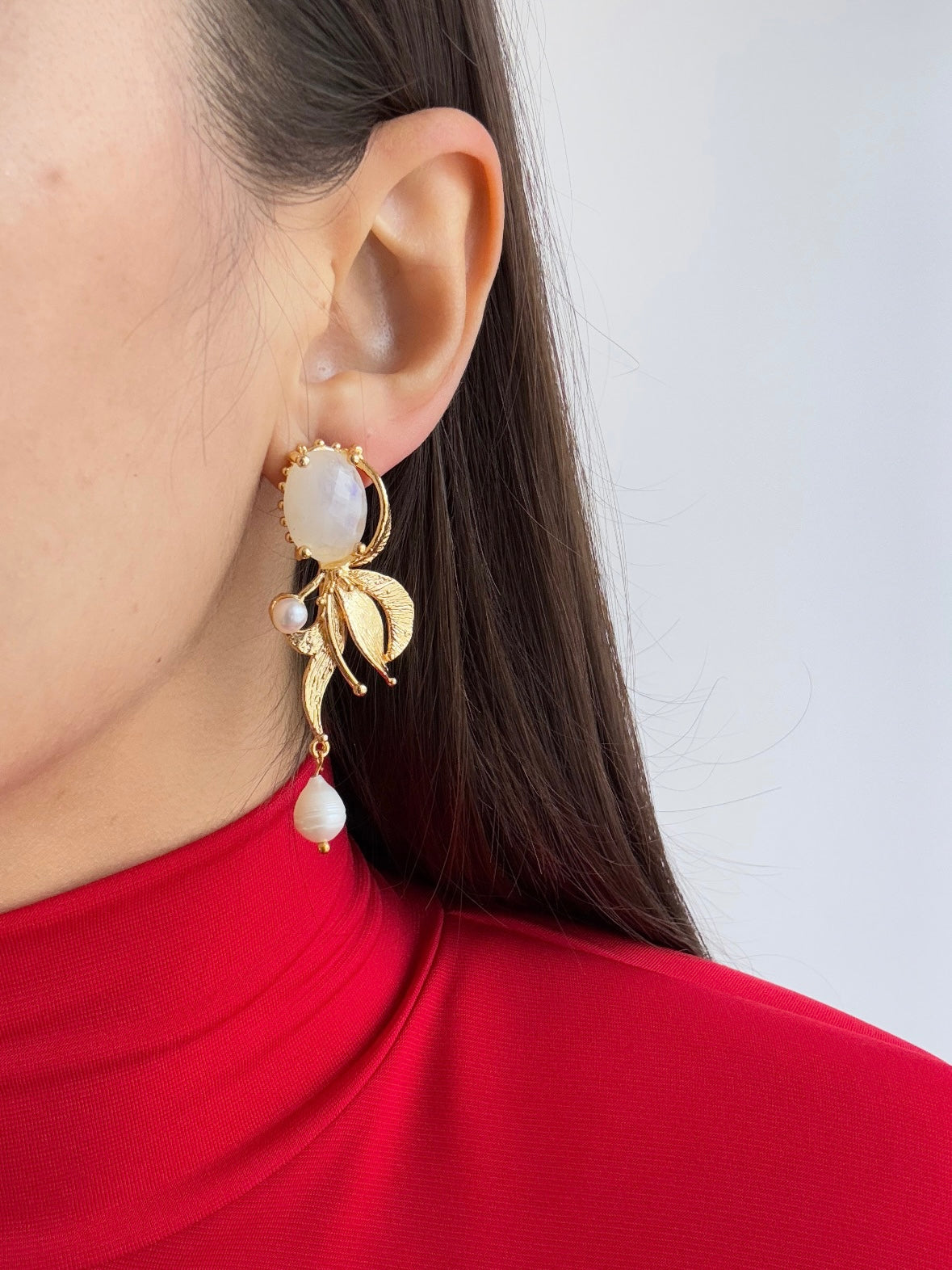 Natural Stone-Accented Gold-Plated Bud Rose Earrings