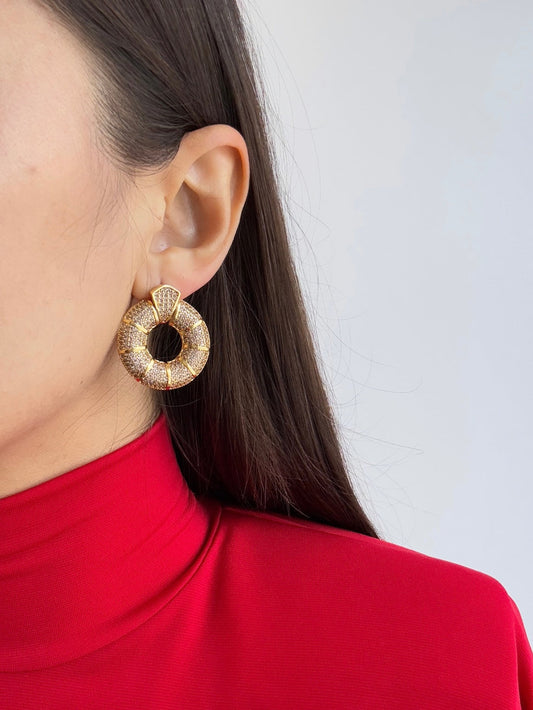 Stunning Gold-Plated Earrings with Zircon Stone and Intricate Halo Detail