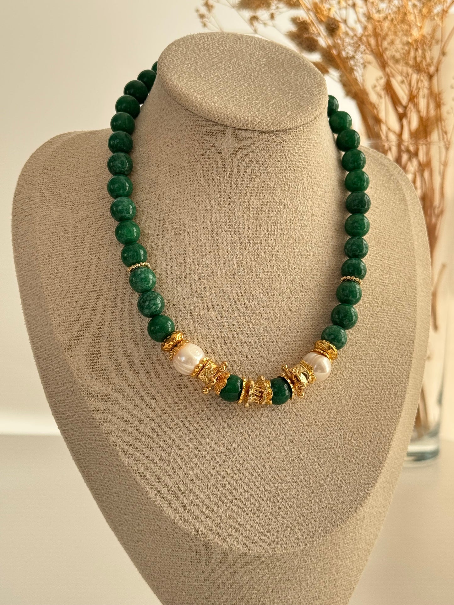 Elika Green Natural Stone Necklace with Real Pearls and Gold-Plated Accents