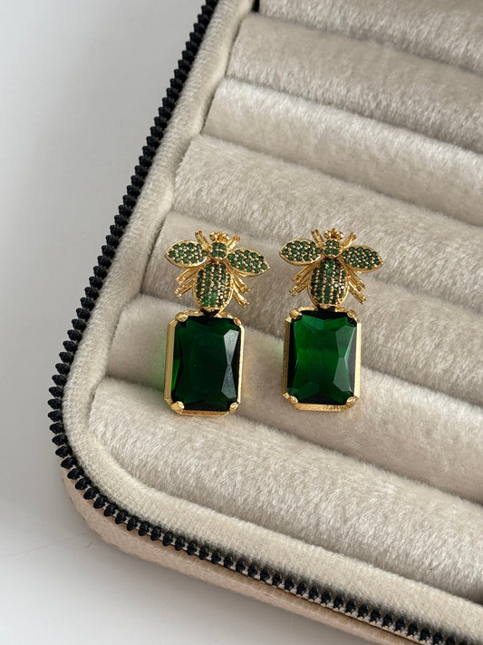 Stunning Green Stone Gold-Plated Earrings with Intricate Details