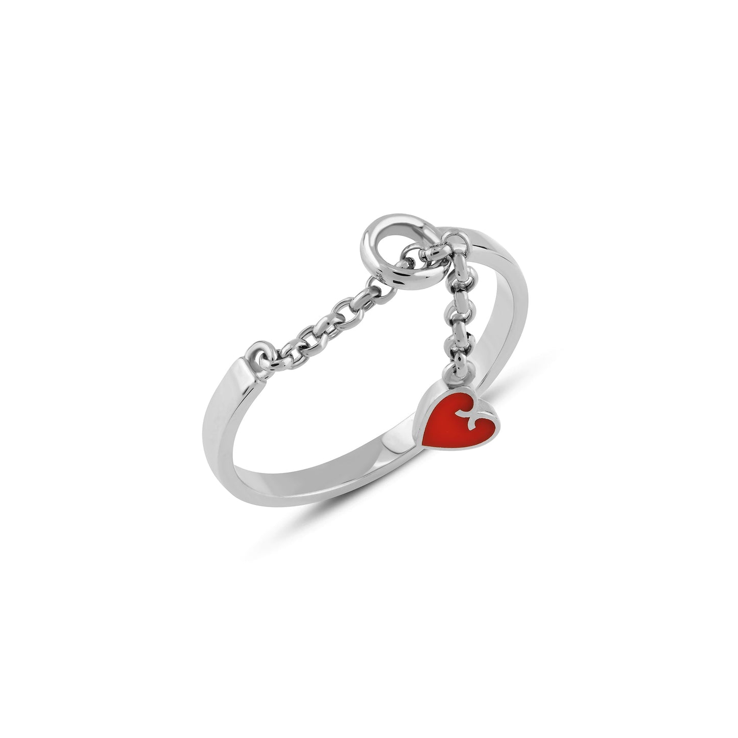 Gold Heart Pendant Ring with Dangle Chain and Enamel Finish