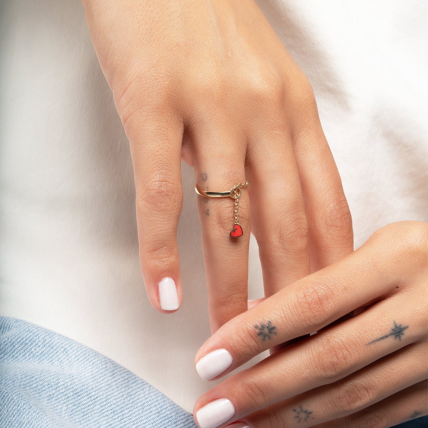 Gold Heart Pendant Ring with Dangle Chain and Enamel Finish