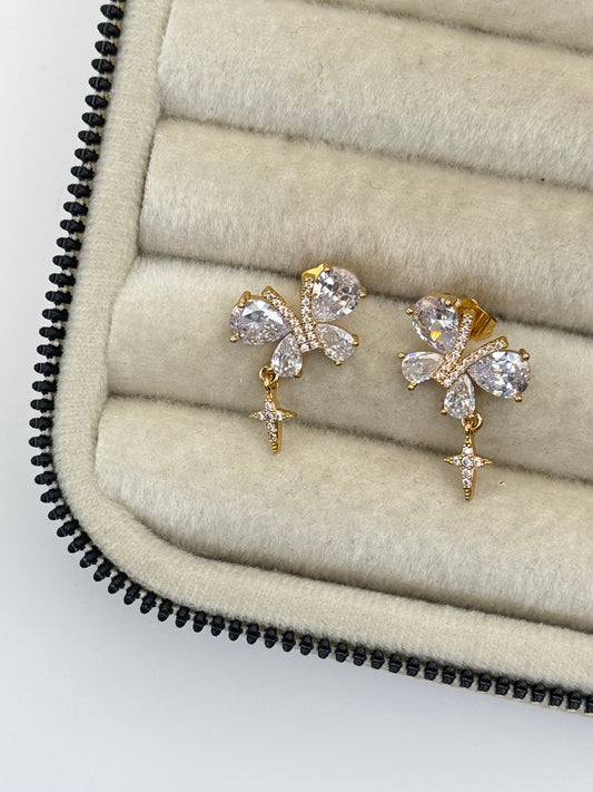 Stunning Gold Butterfly Earrings with White Stone Accents