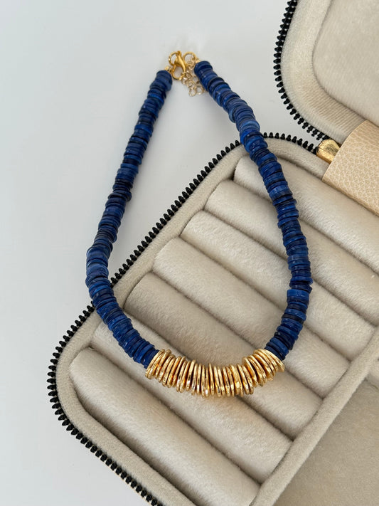 Stunning Blue Glass Bead Necklace with Gold-Plated Accents