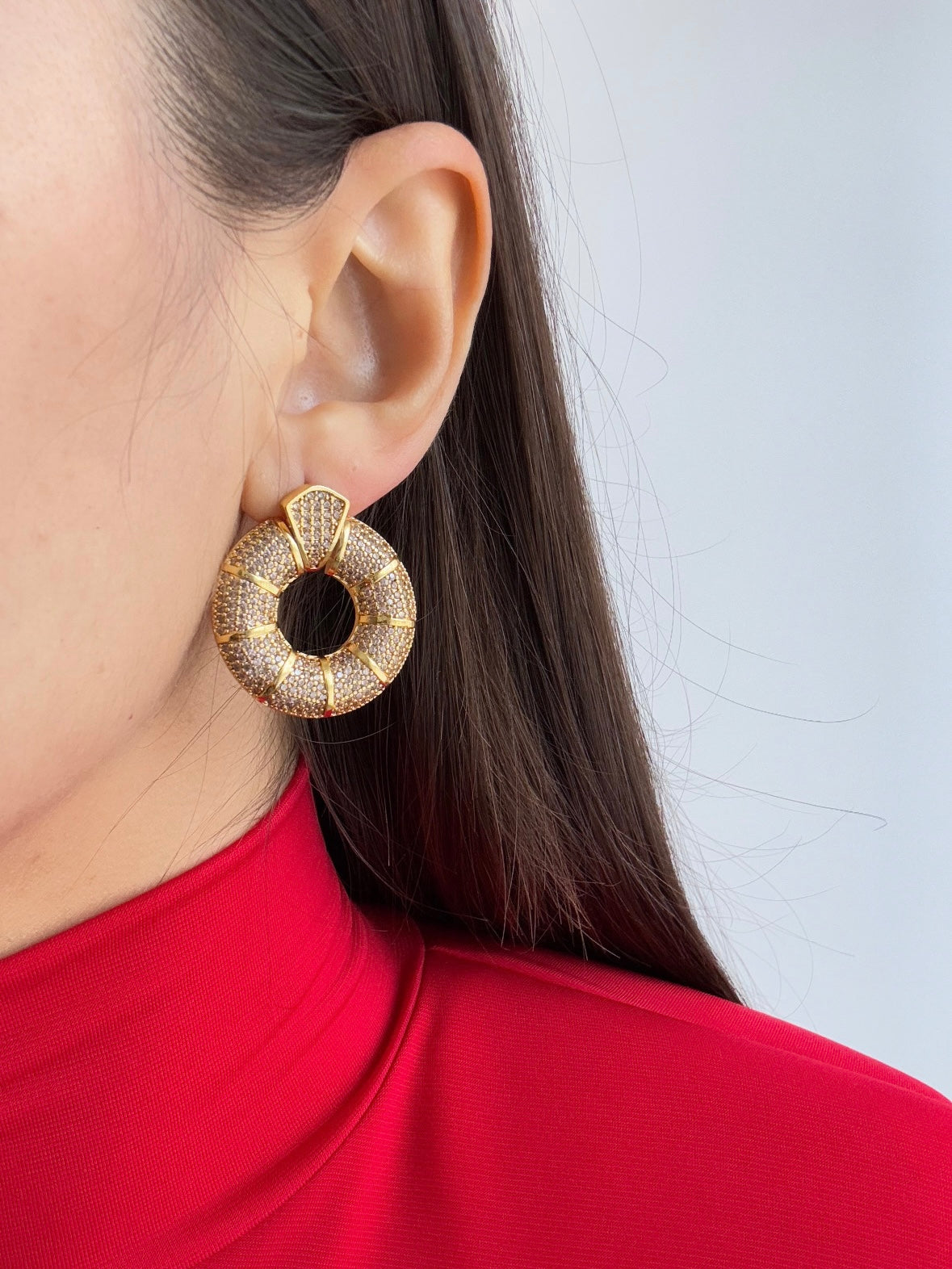 Stunning Gold-Plated Earrings with Zircon Stone and Intricate Halo Detail