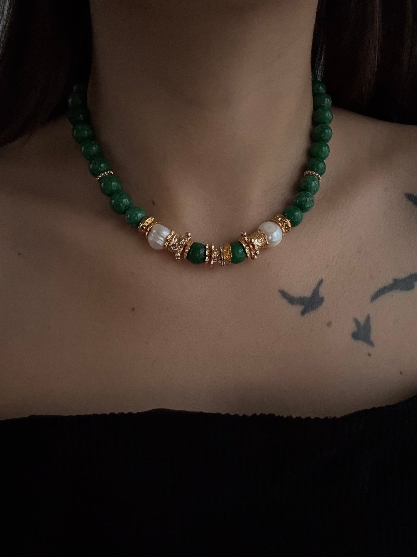 Elika Green Natural Stone Necklace with Real Pearls and Gold-Plated Accents