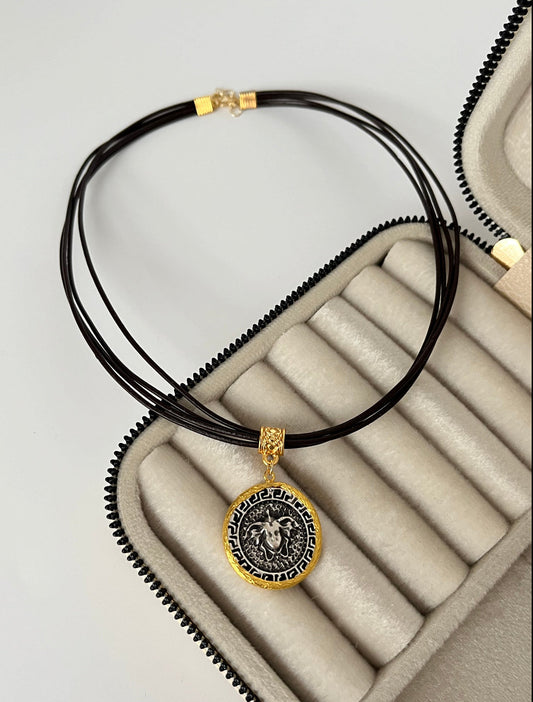 Antique Pattern Leather Cord Gold-Plated Necklace