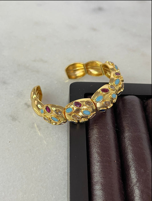 Adjustable Gold-Plated Cuff Bracelet with Colorful Natural Stones - Ahuzaar Collection