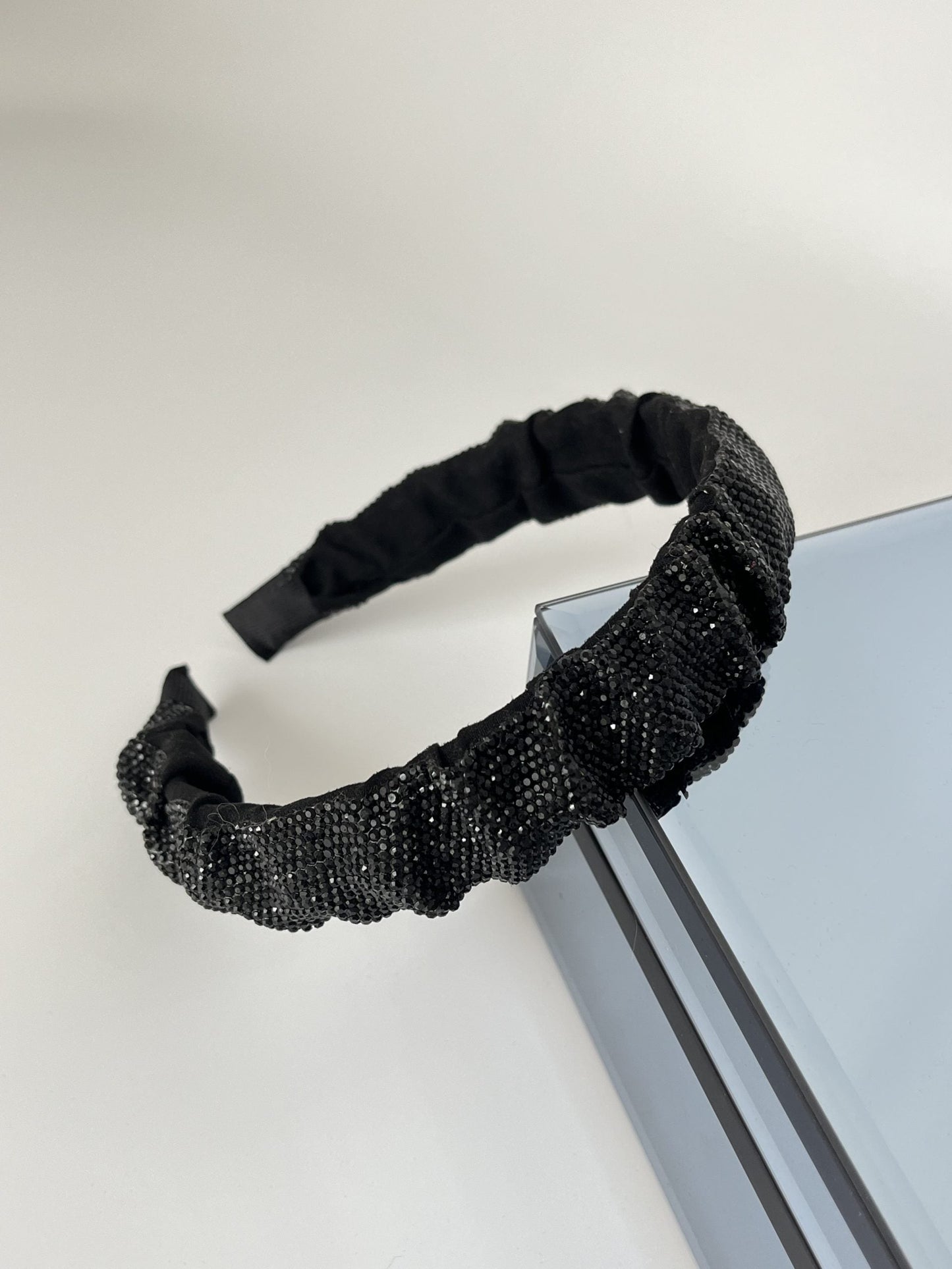 Imported Black Crystal Stone Headband with Elegant Ruffles by EFRUZ