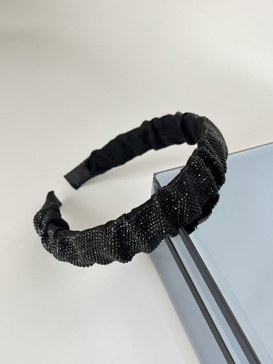 Imported Black Crystal Stone Headband with Elegant Ruffles by EFRUZ