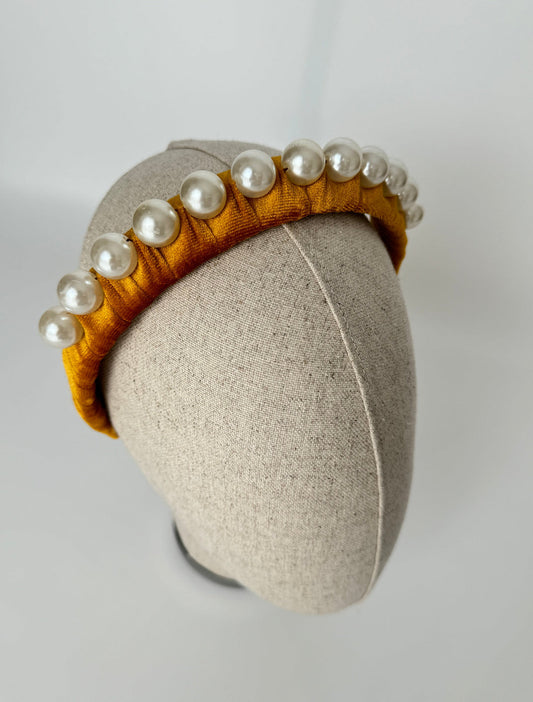 Farzin Imported Yellow Pearl Velvet Crown - Elegant Headpiece for Special Occasions