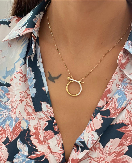 Gold Hoop Necklace with Chic Nail Detail