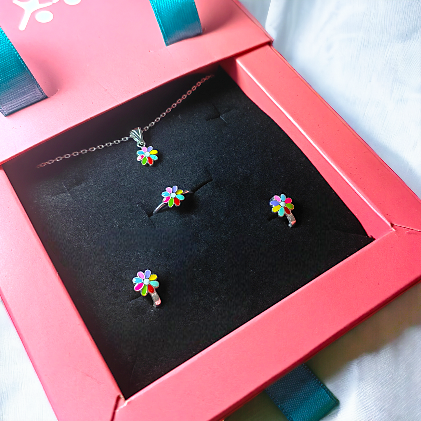 Vibrant Seven Princesses Colorful Daisy Silver Jewelry Set