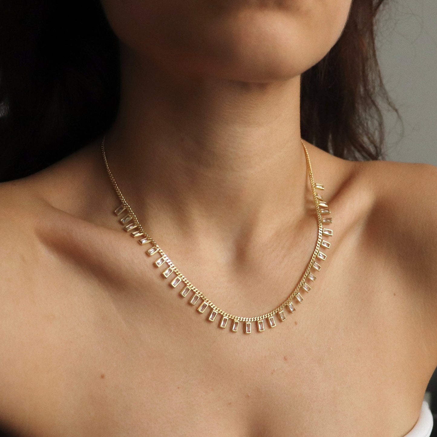 Stunning 925 Sterling Silver Baguette Drop Necklace