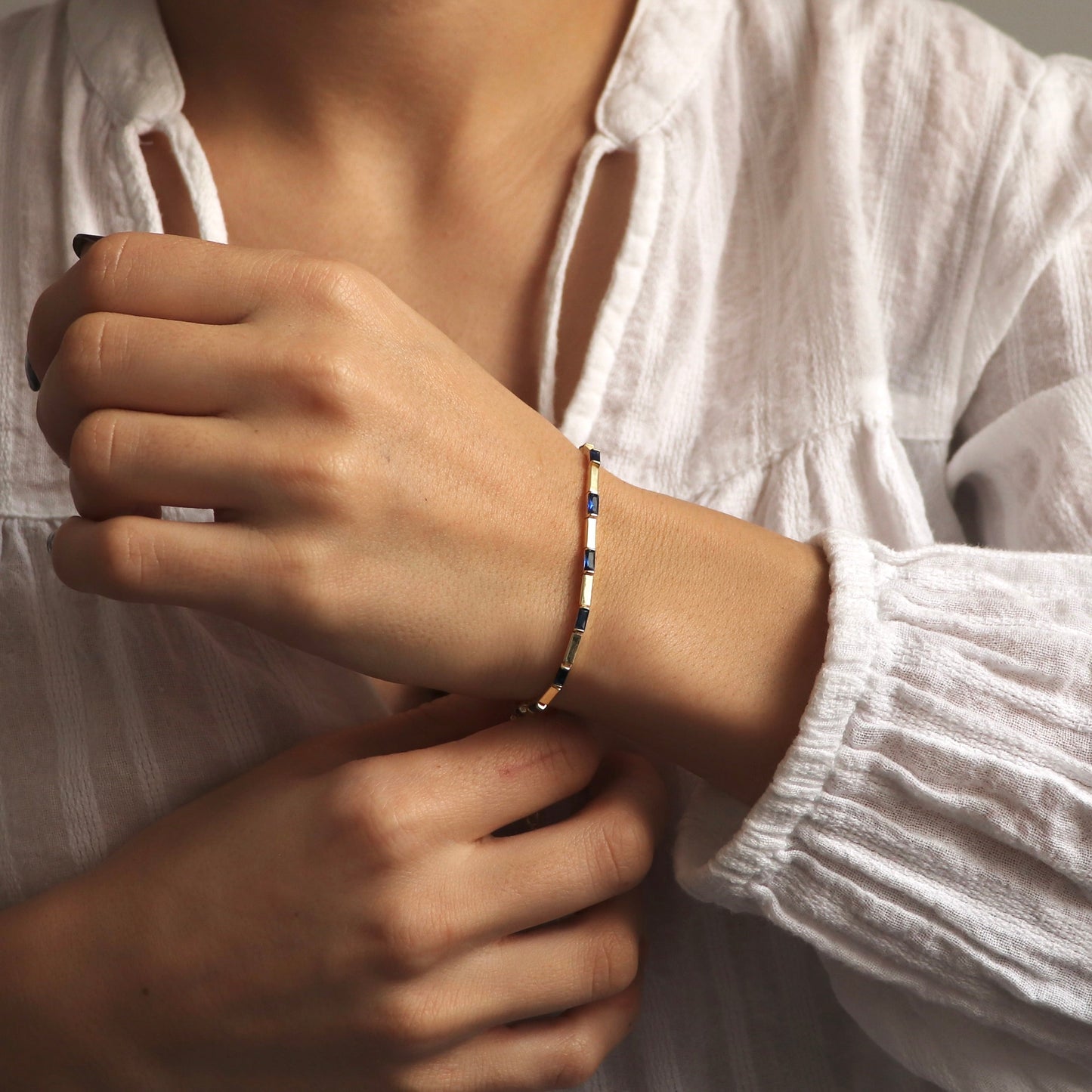 Elegant 925 Sterling Silver Blue Baguette Cuff Bracelet - Luxury Design