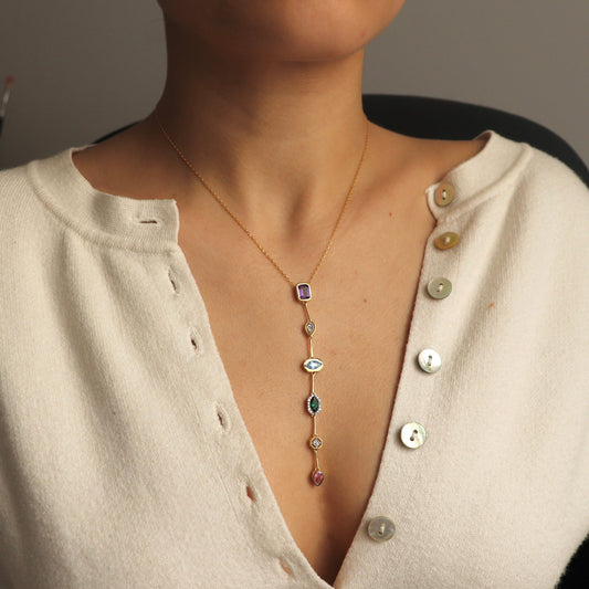 Elegant 925 Silver Y Necklace with Mixed Gemstones