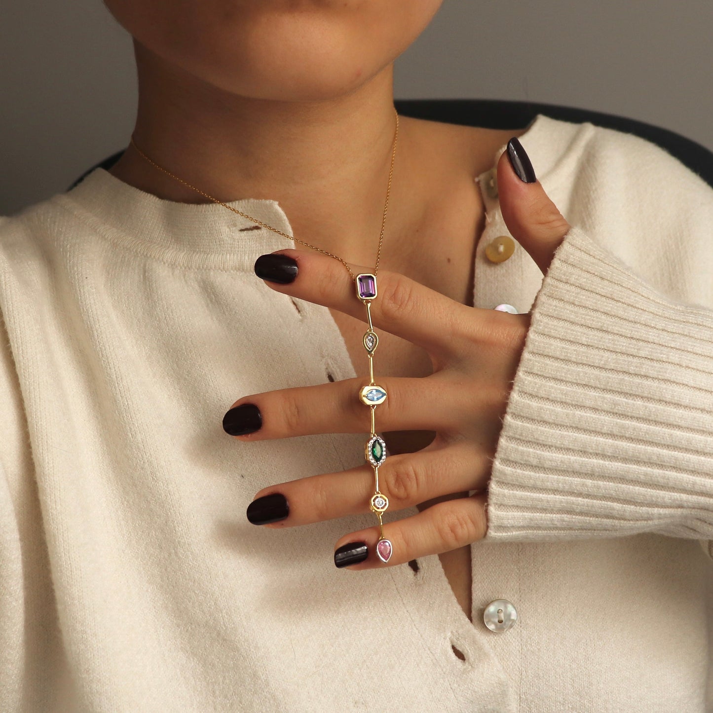 Elegant 925 Silver Y Necklace with Mixed Gemstones