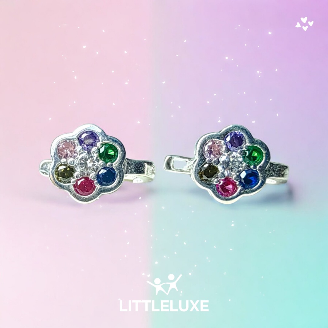 Stylish and Sporty Colorful Flower Motif Silver Earrings for Kids with Sparkling Stones